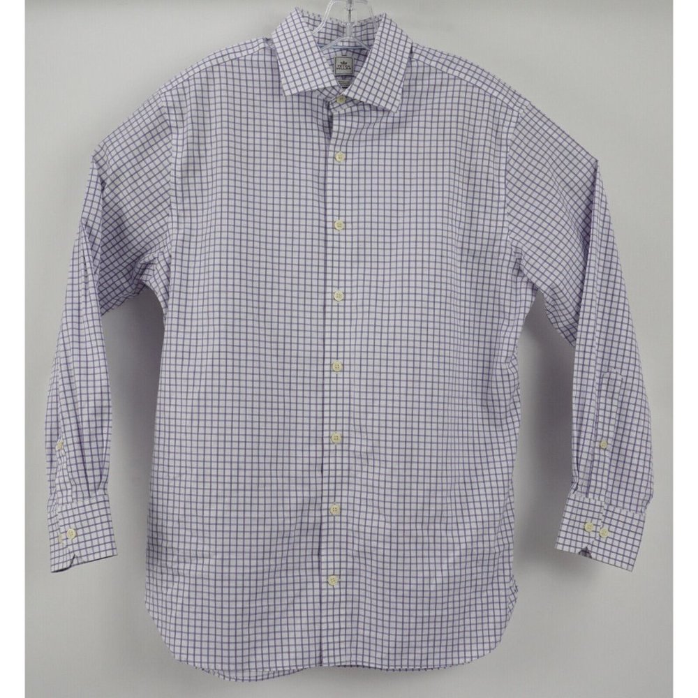 Peter Millar Nanoluxe Men's 16 White‎ Purple Check Spread Collar Button Up Shirt